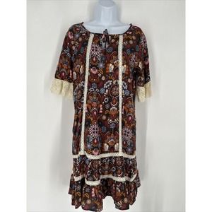 Matilda Jane Womens‎ Intermission Brown White Lace Floral Boho Shift Dress Sz XS